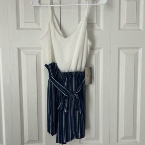 White and navy striped romper